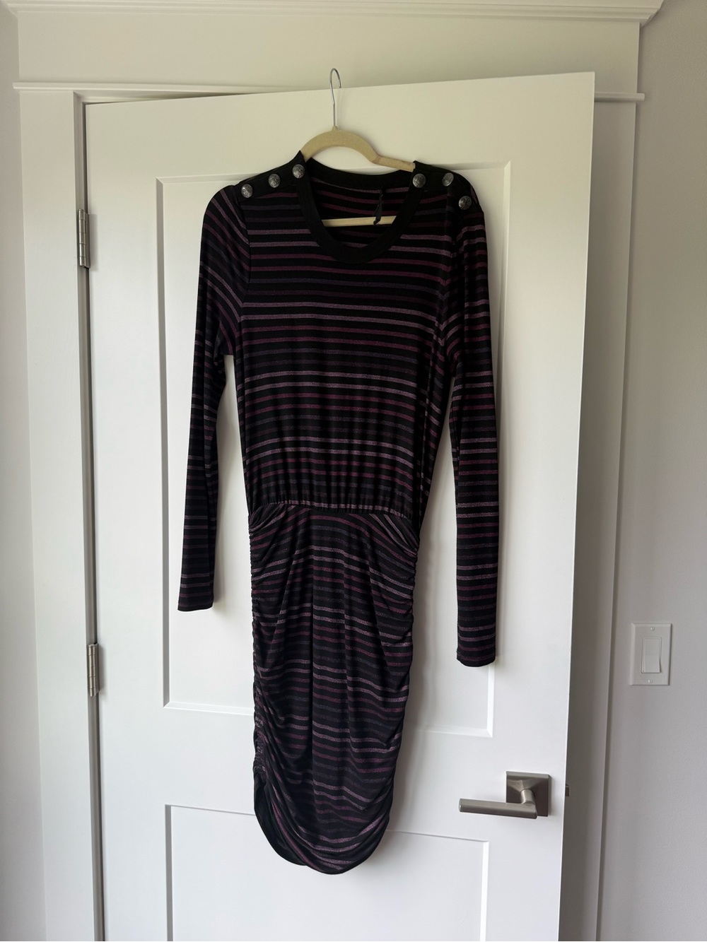 Veronica Beard Black and Purple Striped Long-Sleeve Ruched Dress